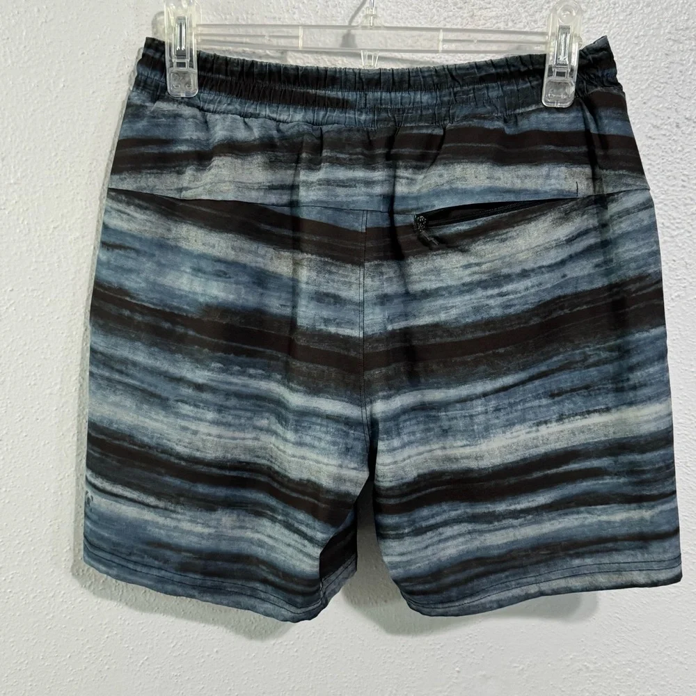 lululemon athletica Striped Blue and Black Channel swim Shorts small 5”